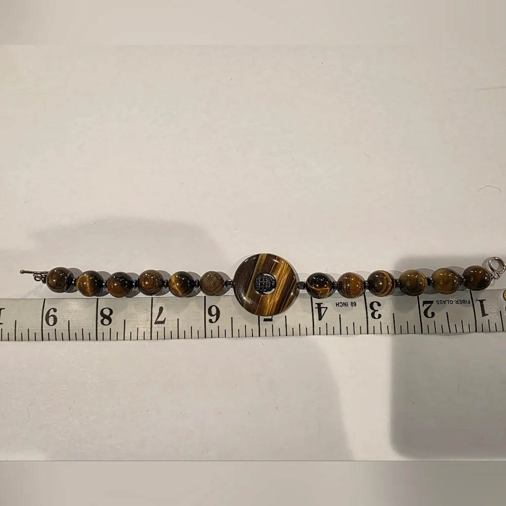 Tiger Eye Stone Beaded Bracelet with Round Centerpiece‎ Statement Jewelry